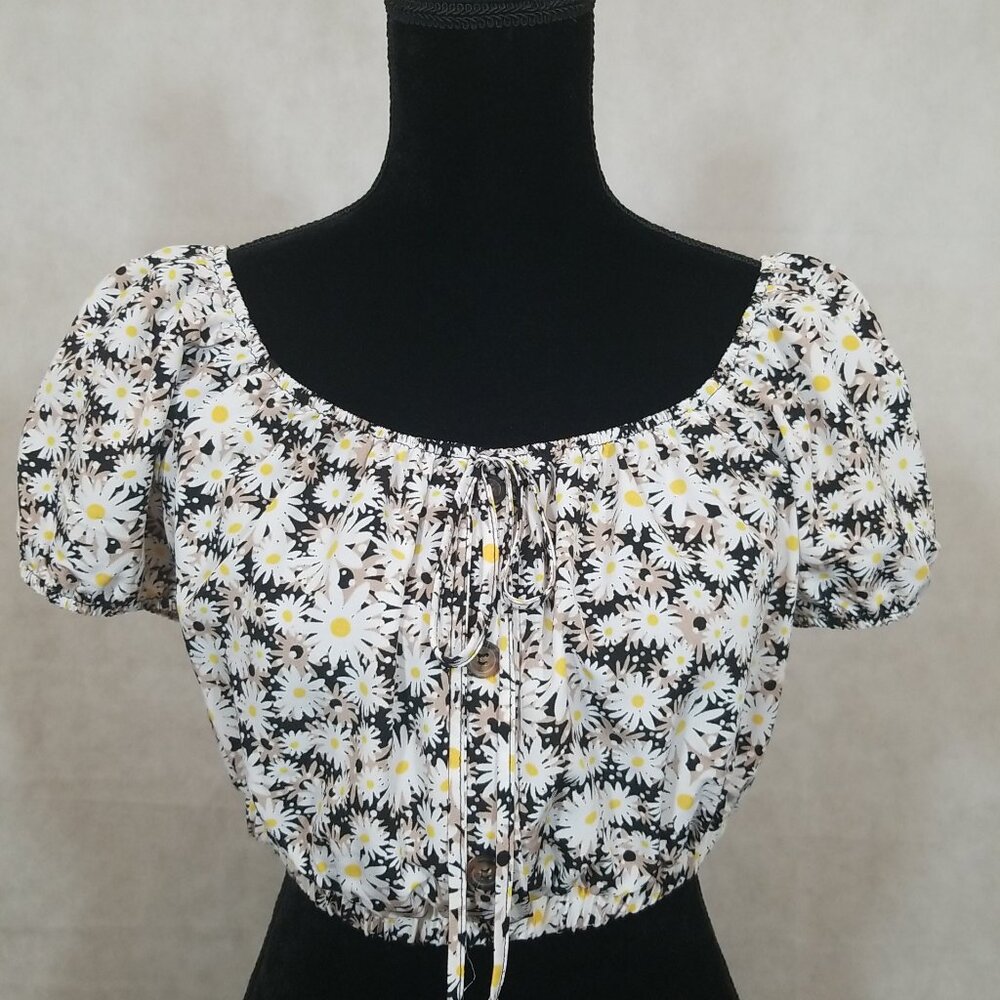 Lily‎ Rose Junior Womens Size Medium Daisy Print Shirt Puff Sleeve Crop Top NEW